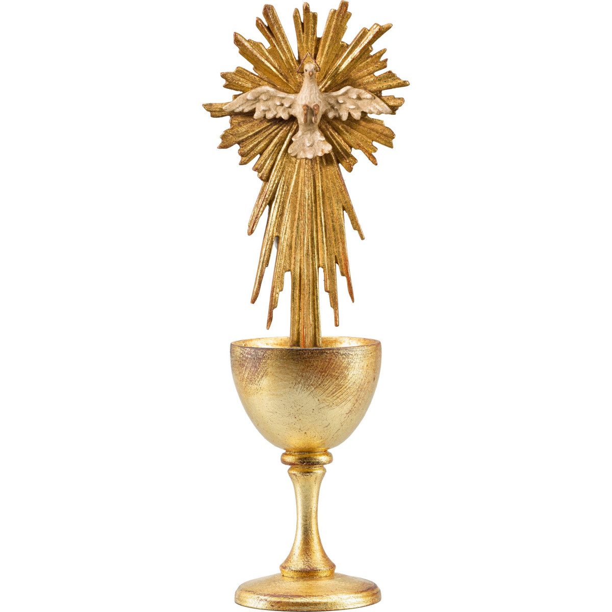 Cáliz de madera con Espíritu Santo con aureola y cola